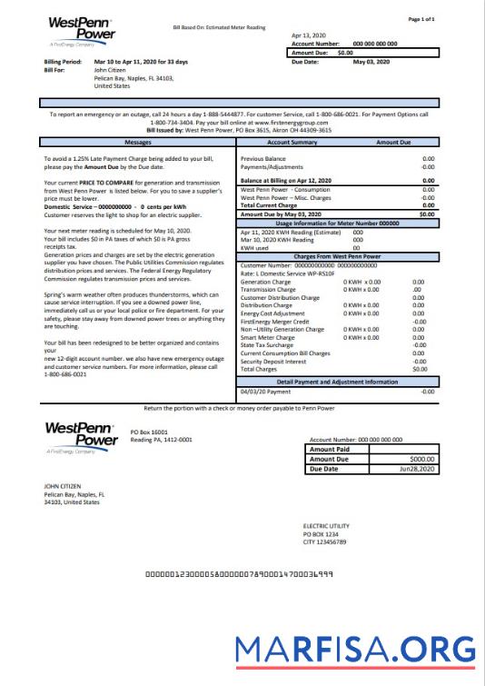Downloadable USA Pennsylvania West Penn Power utility bill template in Word and PDF format